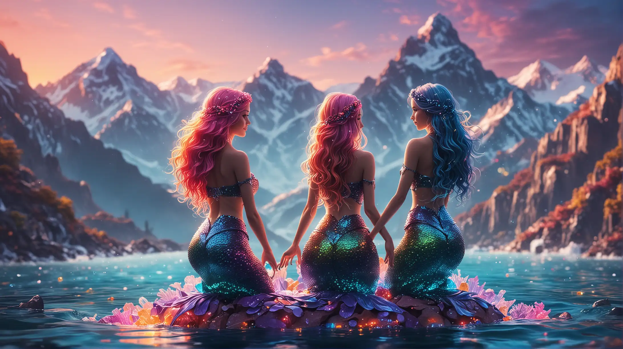 
random forms, creative, multicolor background, bokeh:2, neon style, realistic, two mermaids, mountains