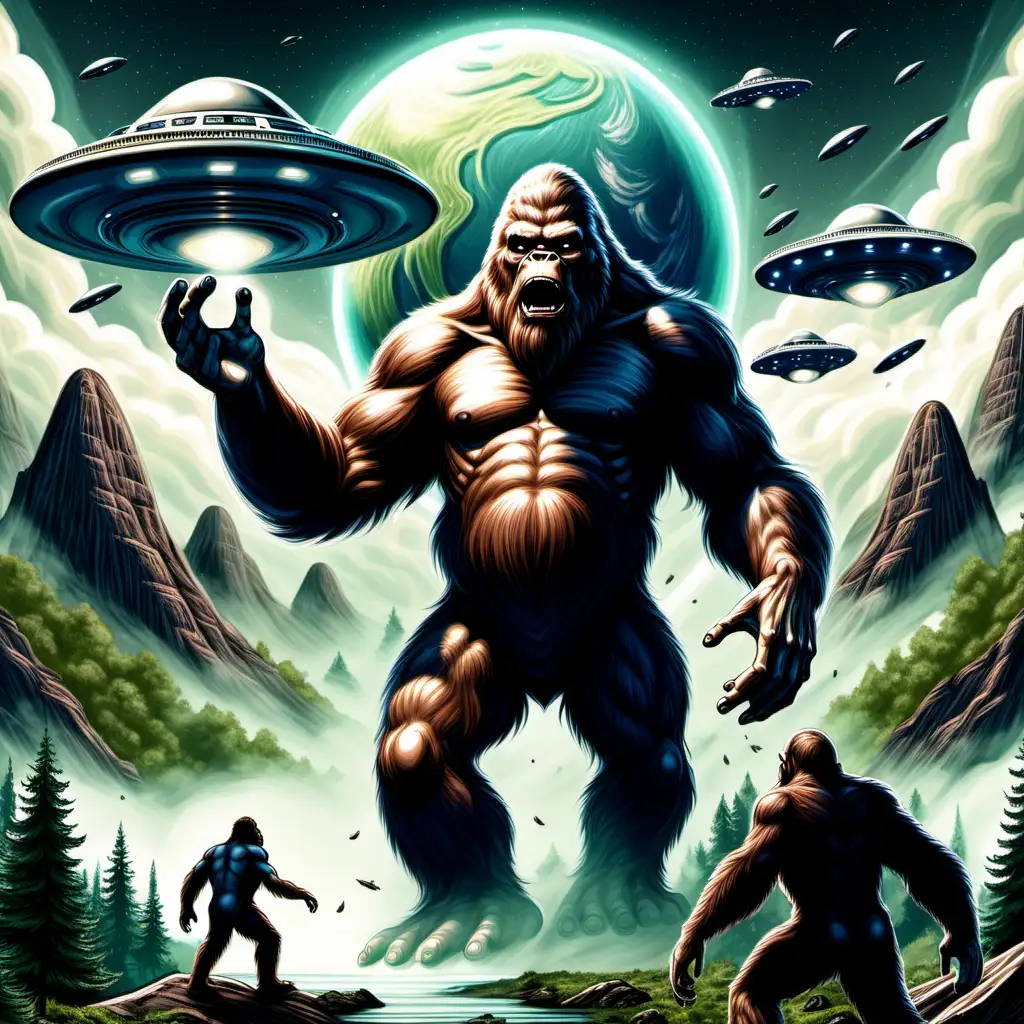 Bigfoot defending earth from flying saucers in a fantasy illustration.