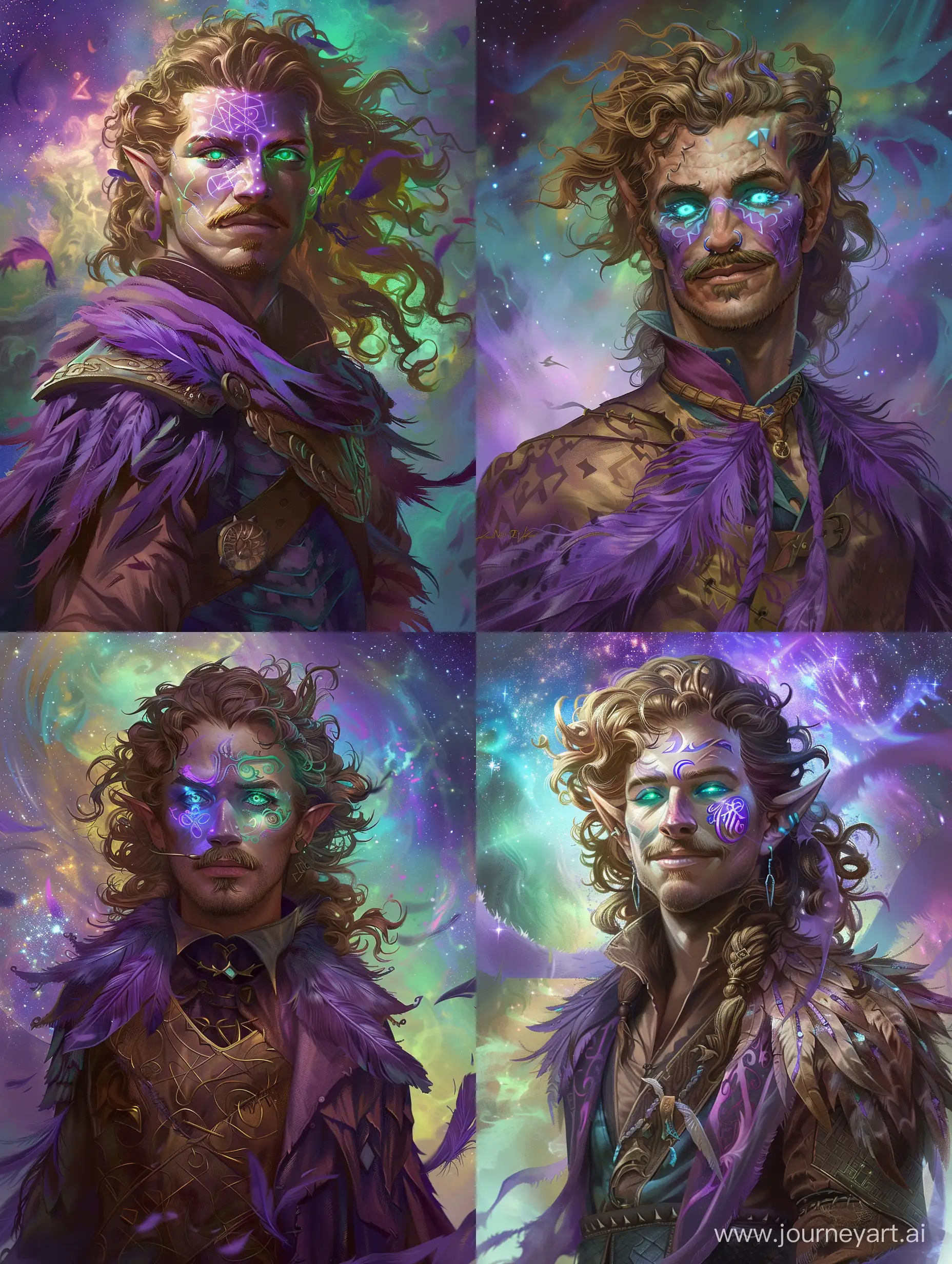 dnd character a human race male sorcerer standing in full height art, mid fit physique, straight button nose with a wide nasal bridge and upturned wide point, blue-green colour mixed oval glowing eyes, angled eyebrows, short mouth, ears not seen under hair, mid set cheekbones, oval headshape, long loose curly light-brown hair flowing on the wind with small parts of it tied in braids, bristly mustache, sarcastic smirk face expression, purple clear accurately done facepaint fully covering left eye smoothly transitioning into magical runes on his cheekbone, wearing tevinter like rich purple coloured feathered mage robes, wearing nose piecring, pathfinder character portrait artstyle, cosmic background with a mix of purple, blue, green and yellow colours