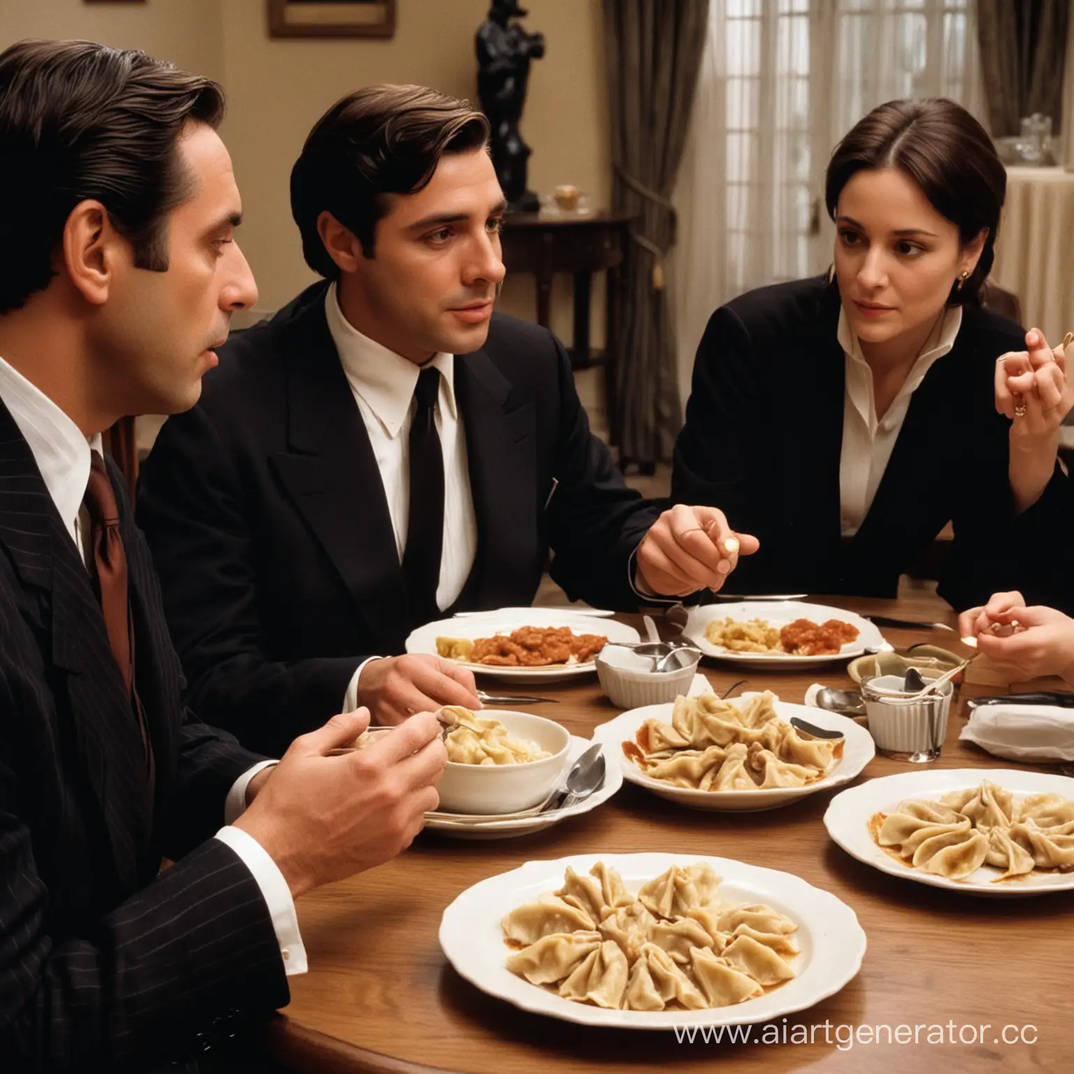 Corleone-Family-Gathering-Sharing-Dumplings-with-Michael-Vito-and-Kay-Adams