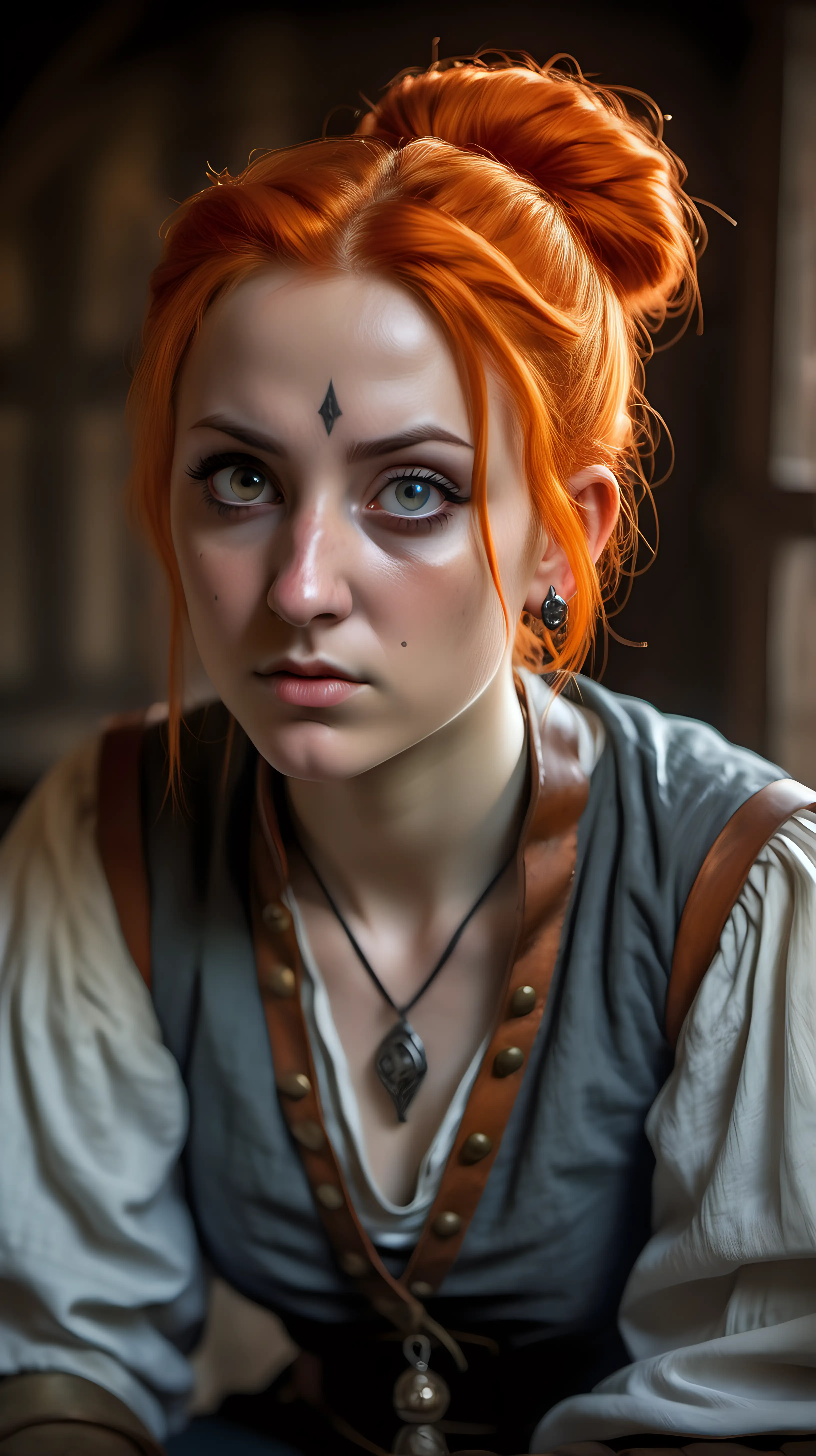 female rogue, pensive expression, gray eyes, cute, strong, crooked nose, amulet necklace, small stud earrings, bright orange hair in a tight bun, detailed eyes, detailed face, medieval fantasy, small inn bedroom, sitting, super detailed, hyper realistic photography