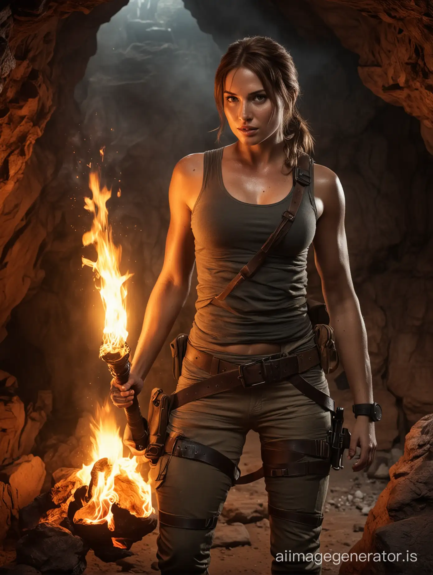 Anna de Armas as Lara Croft in a cave with fire, holding a flaming torch.