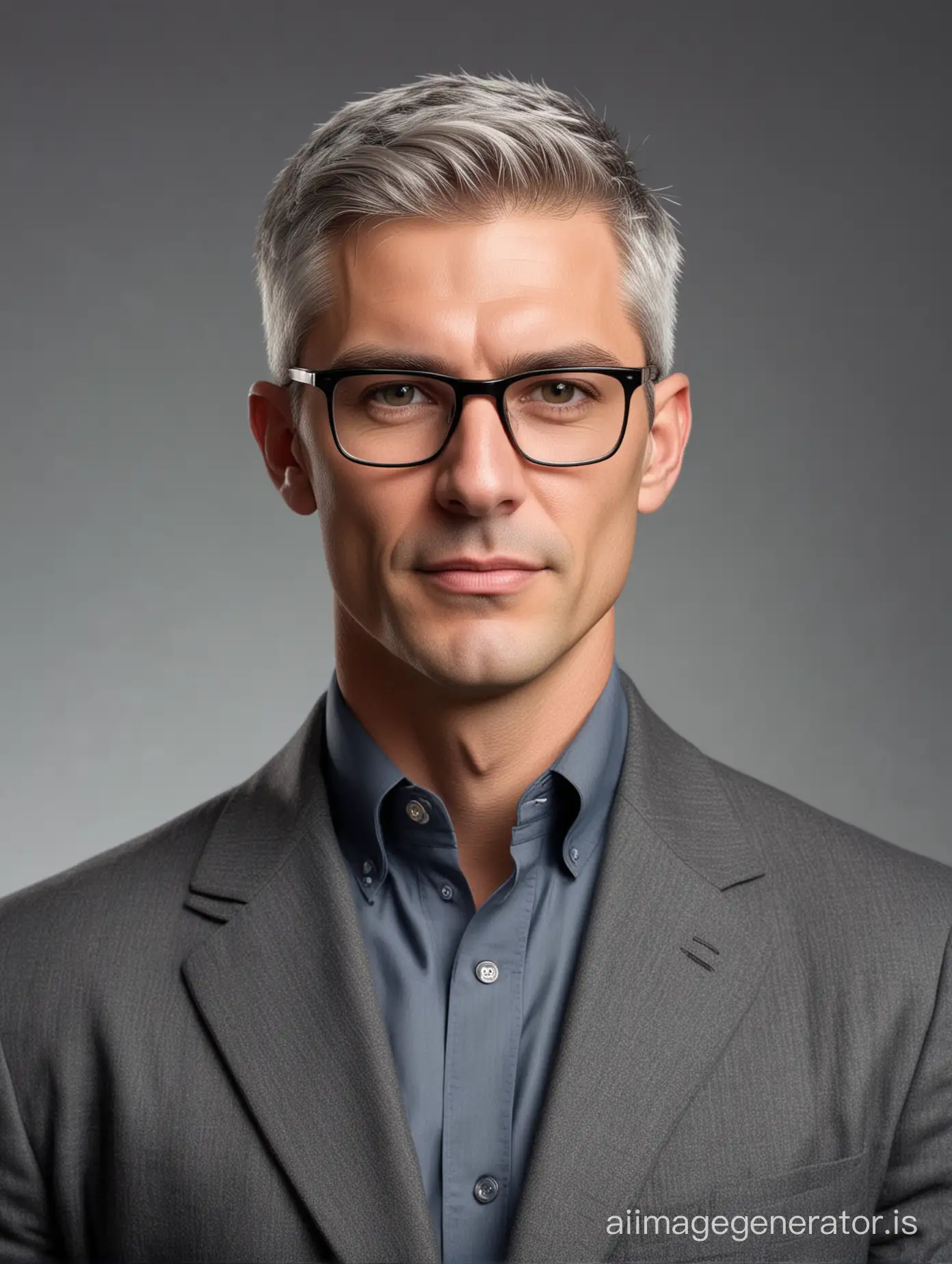 Professional studio half-length photo of a tall man, 40s, strong athletic, square face, with blazer, no tie, open collar, wearing glasses, short shaved gray hair