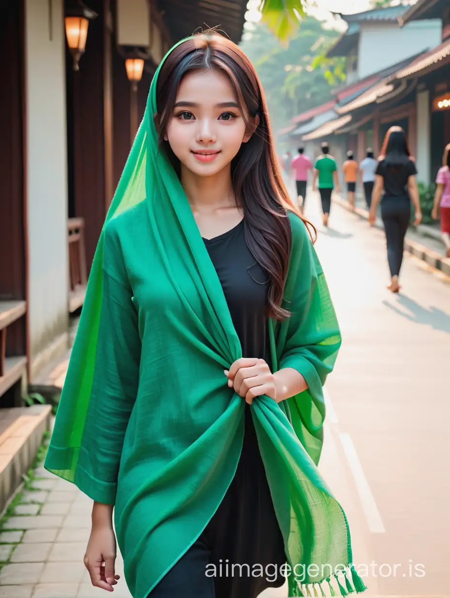 a beautyful teen malaysian face, holding hand, green long cotton clotch, walking style, 