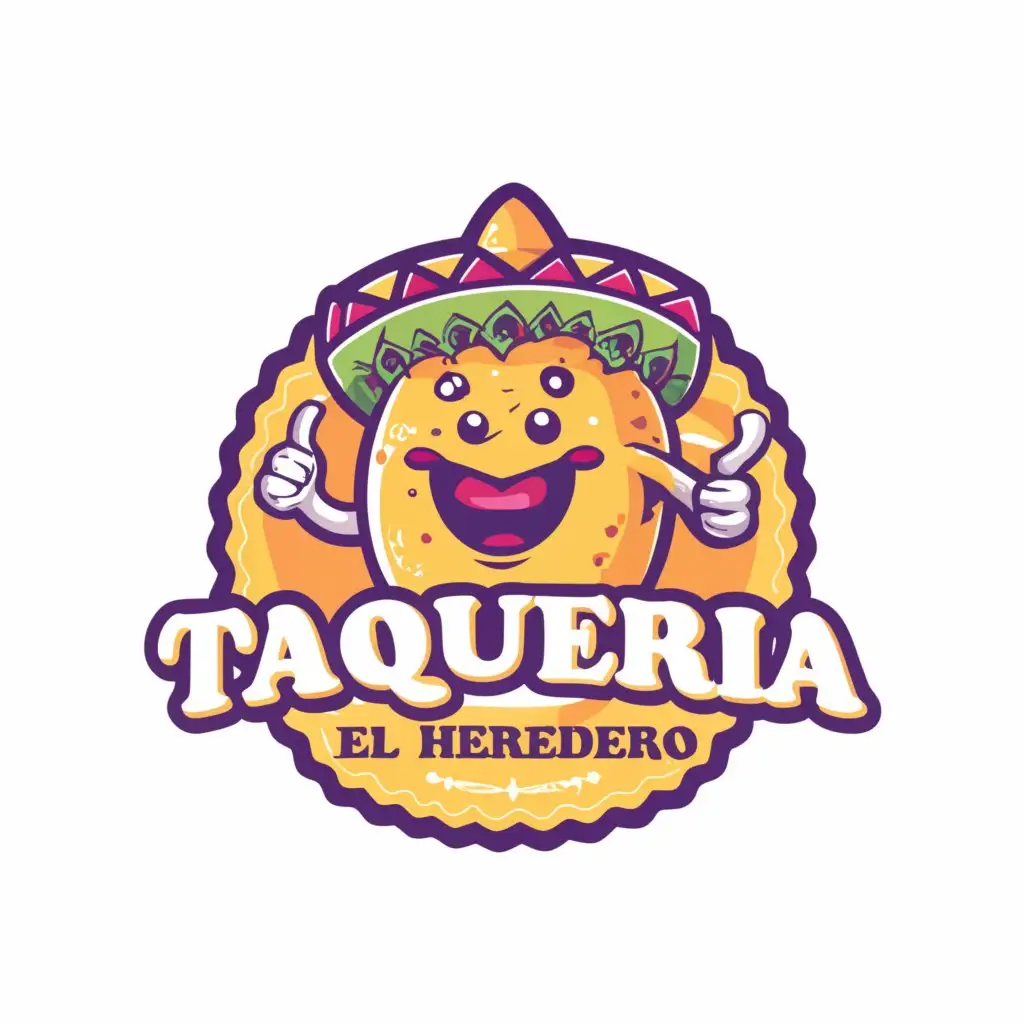 a logo design,with the text "TAQUERIA EL HEREDERO THE BEST TACOS IN TOWN", main symbol:Mexican Taco mascot, color: yellow, lime purple,Moderate,clear background