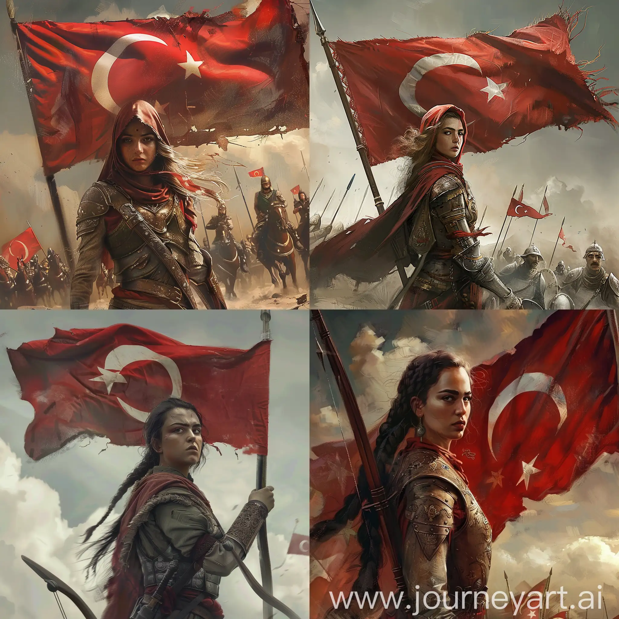 Ottoman warrior , girl realistic , türkish flag

