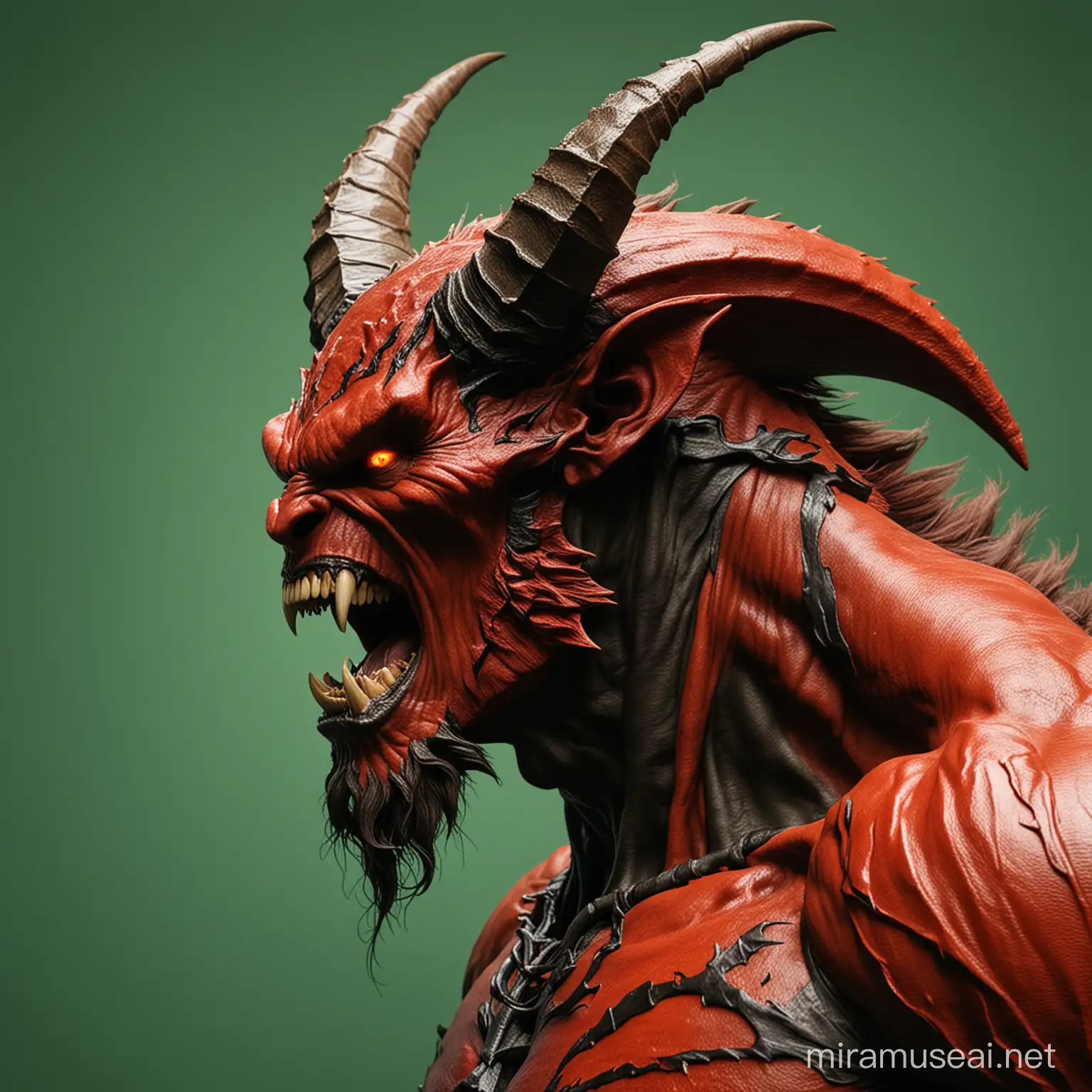 really cool looking red demon with big horns roaring black lightning out of his mouth side profile green background