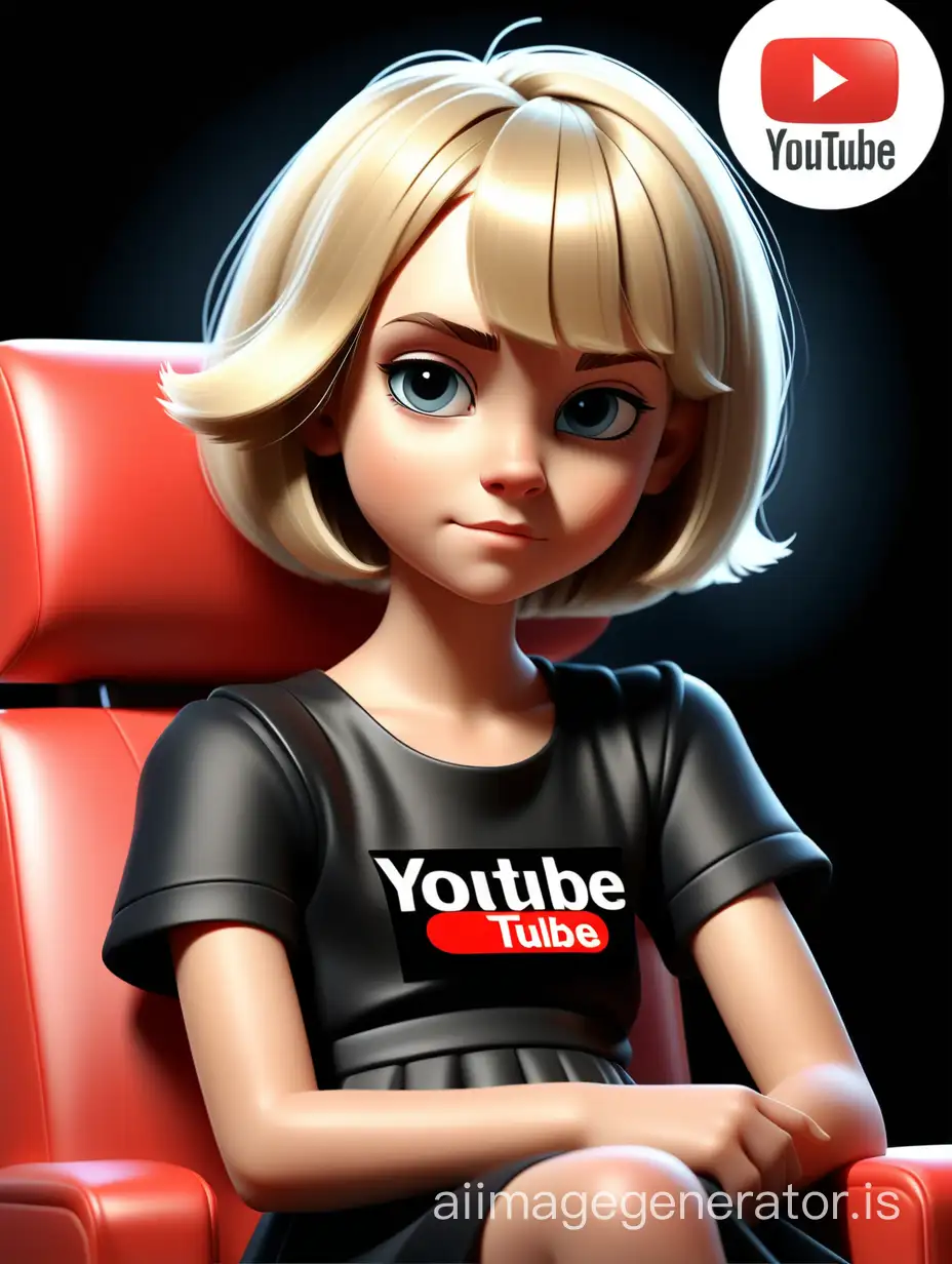 Social media avatar style. Handsome 10 years old blond girl with Bob layered haircut sitting on a logo chair of social media logo "YouTube". Wearing black dress. The background is mockup of her YouTube profile page with a name "Nata" and profile picture. Soft light reflection