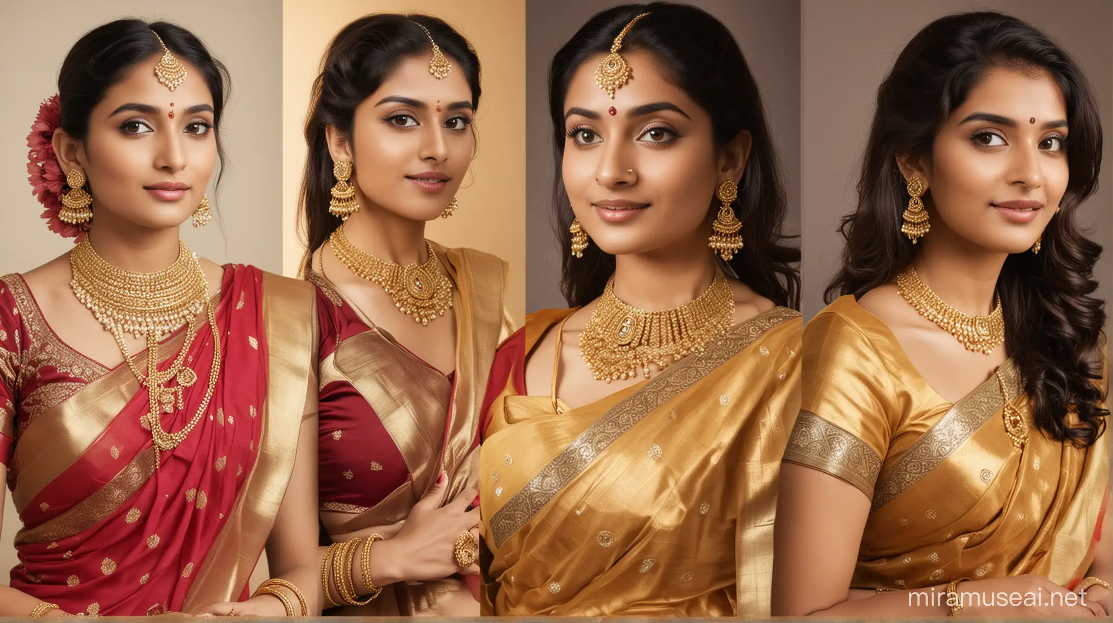 Traditional Indian Women Adorned in Gold Jewelry and Sarees