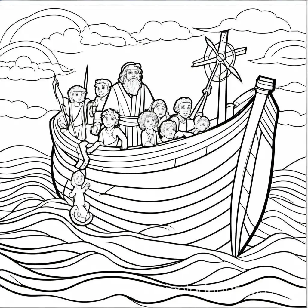 Noah
, Coloring Page, black and white, line art, white background, Simplicity, Ample White Space. The background of the coloring page is plain white to make it easy for young children to color within the lines. The outlines of all the subjects are easy to distinguish, making it simple for kids to color without too much difficulty