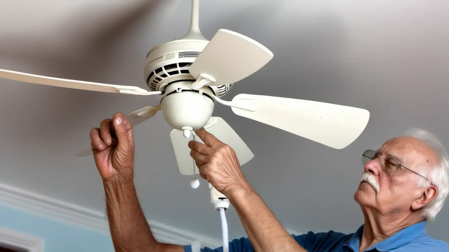 Grandpa wearing blue top Cleaning the dusty white ceiling fan. make the image close up