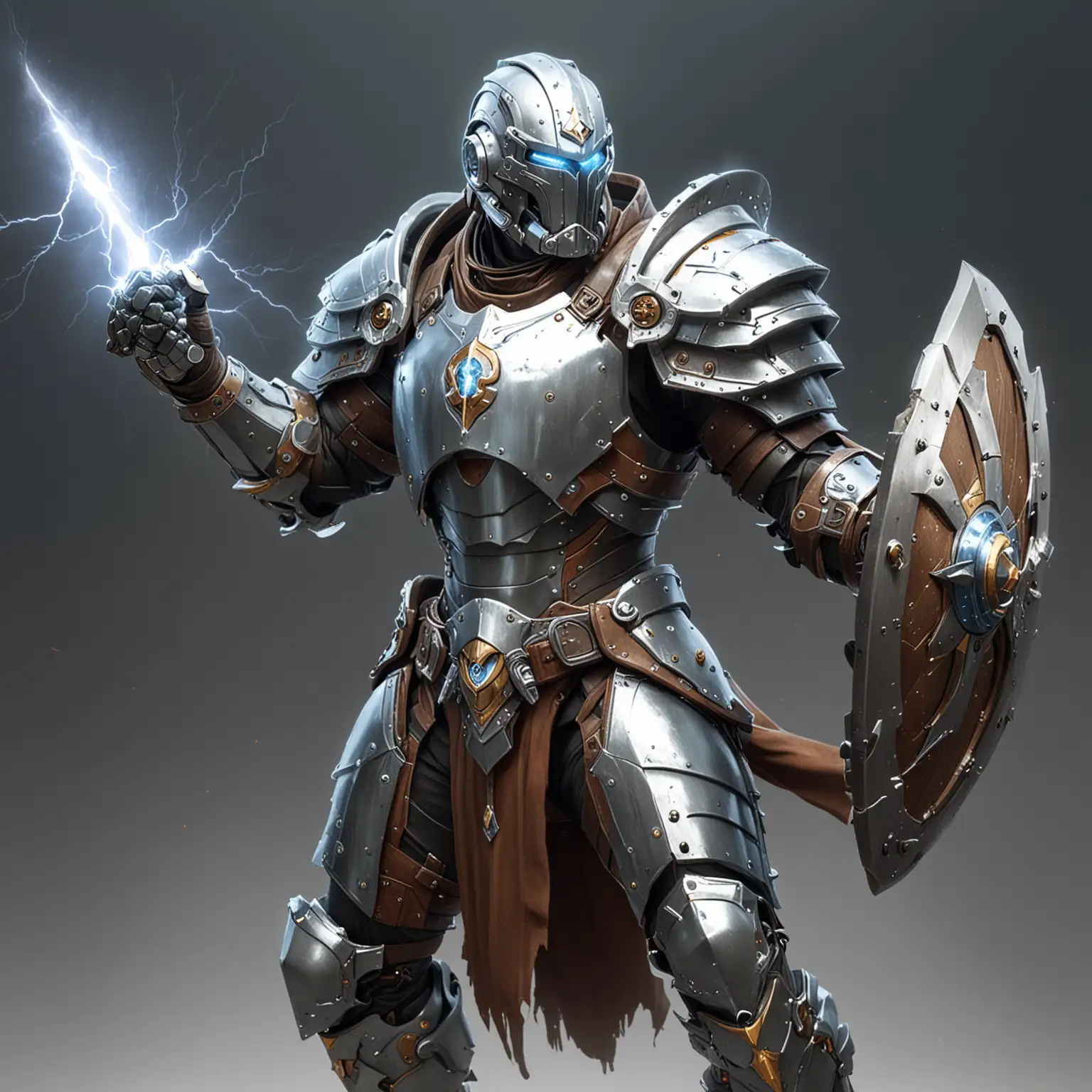 A short warforged artificer. he is wearing platinum colored plate armor and wielding a medium sized shield. There is lightning shooting from both of his hands.