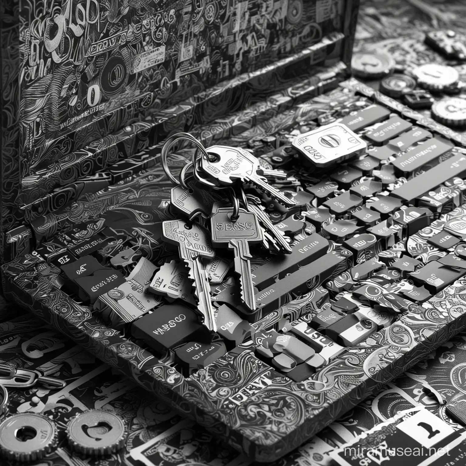 Vivid money, keys in black and white, 3D laptop, highly detailed, paradoxical wallpaper 