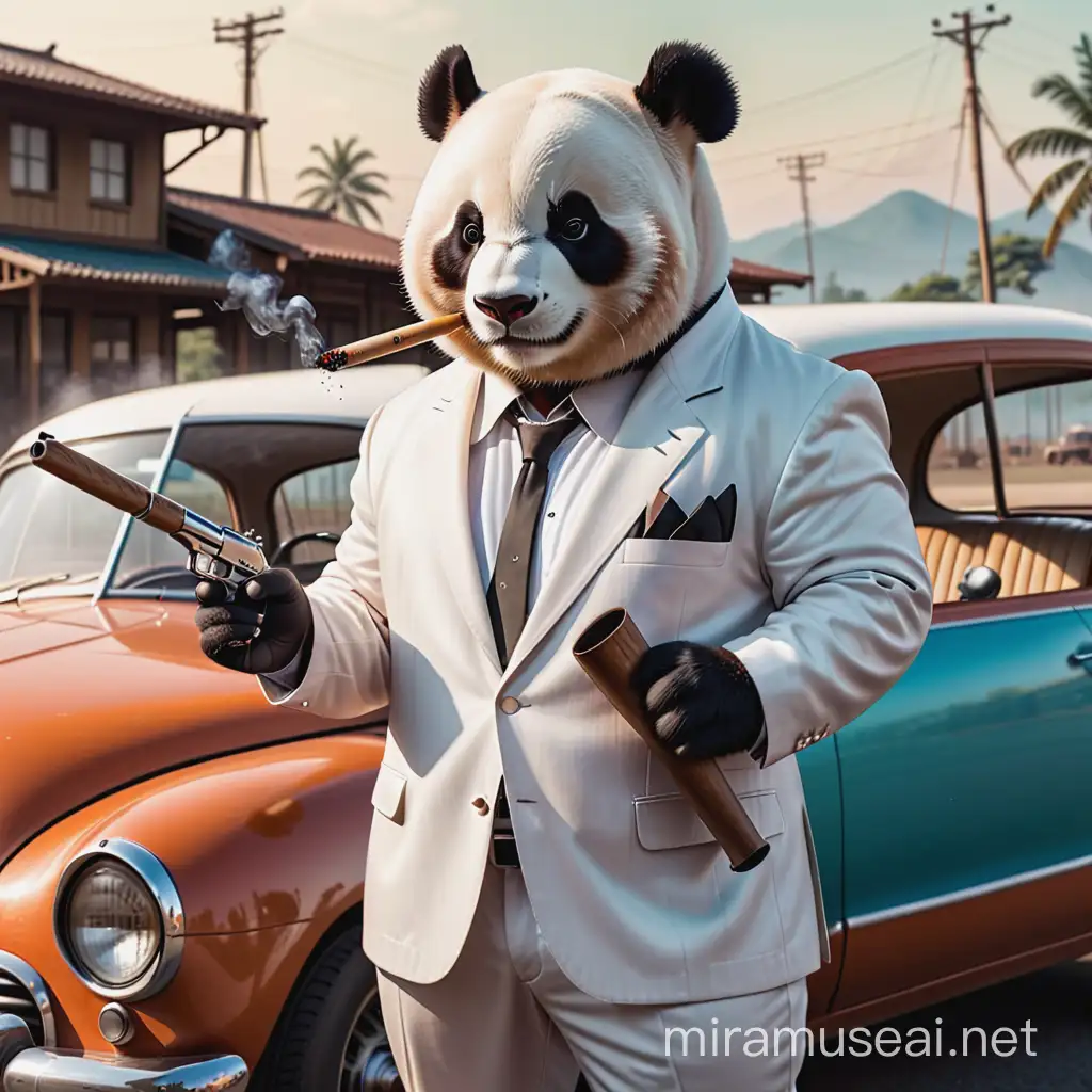 A panda wearing a white suit 
Smoking a ciggrete 
And holding a baseball bat
in other hand holding a pistol 
Backround with a vintage car