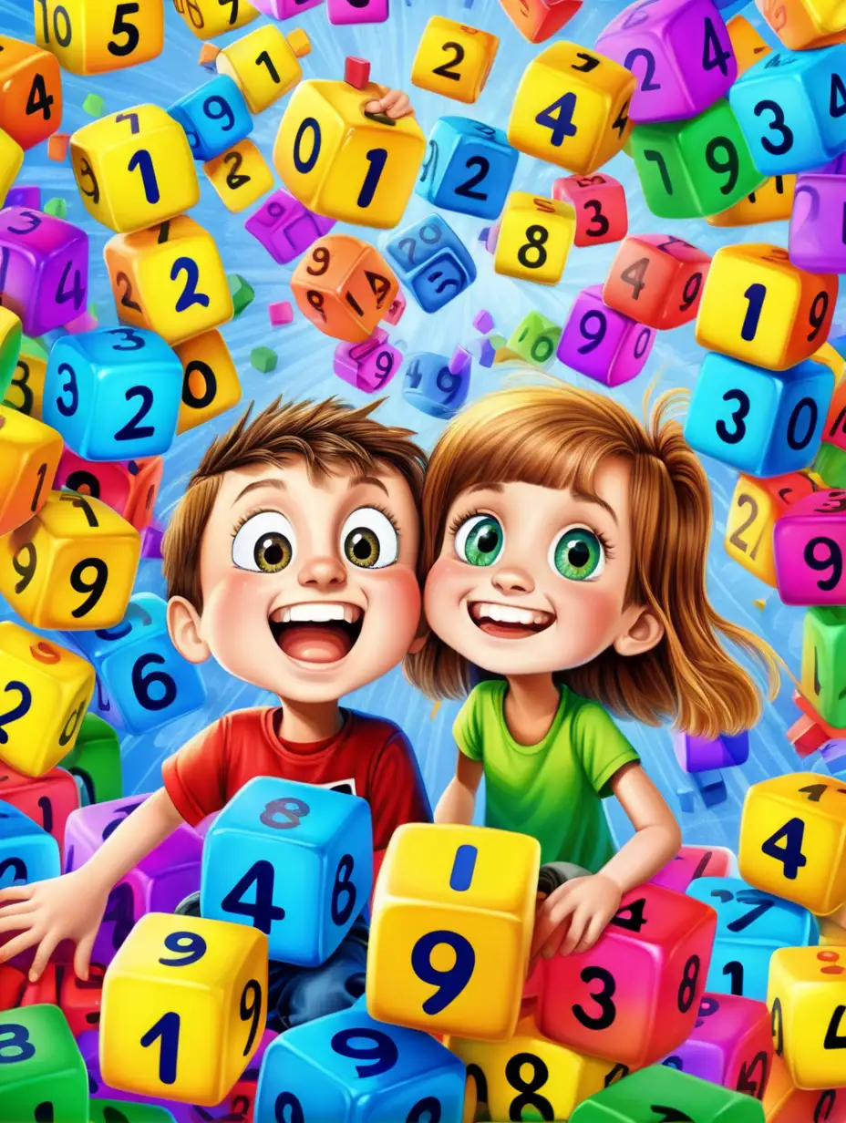 9 year old boy and 9 year old girl with happy face under the falling 40 pieces of colourful number cubes from 1 to 9,  cartoon style