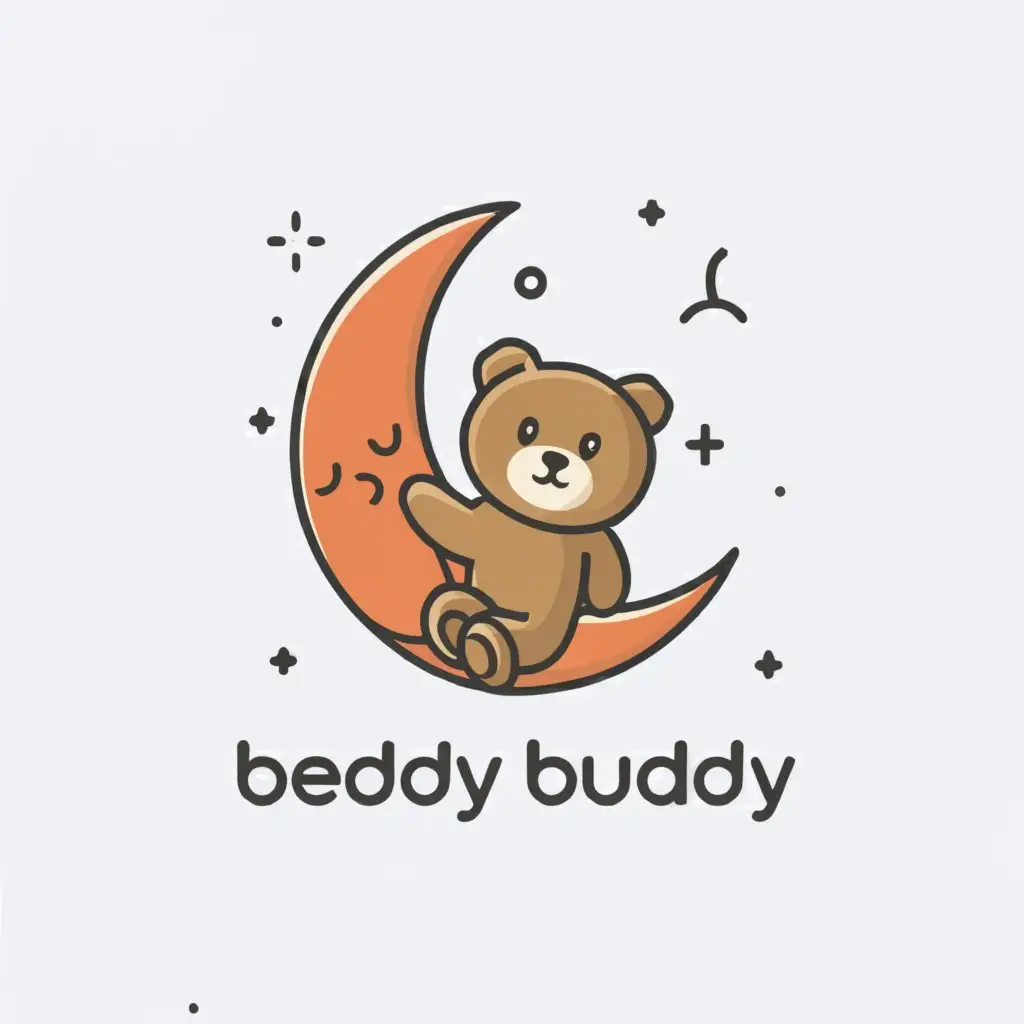 a logo design,with the text "Beddy Buddy", main symbol:teddy bear lying on a half moon,Minimalistic,clear background