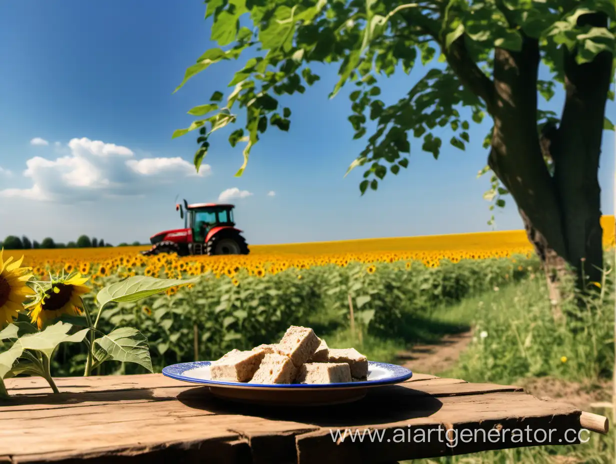 sunflower meadow where the tractor is in the background,the foreground is a plate with halva in a wooden table and there are tree branches from the edge of the picture,the sky is clear, the weather is sunny