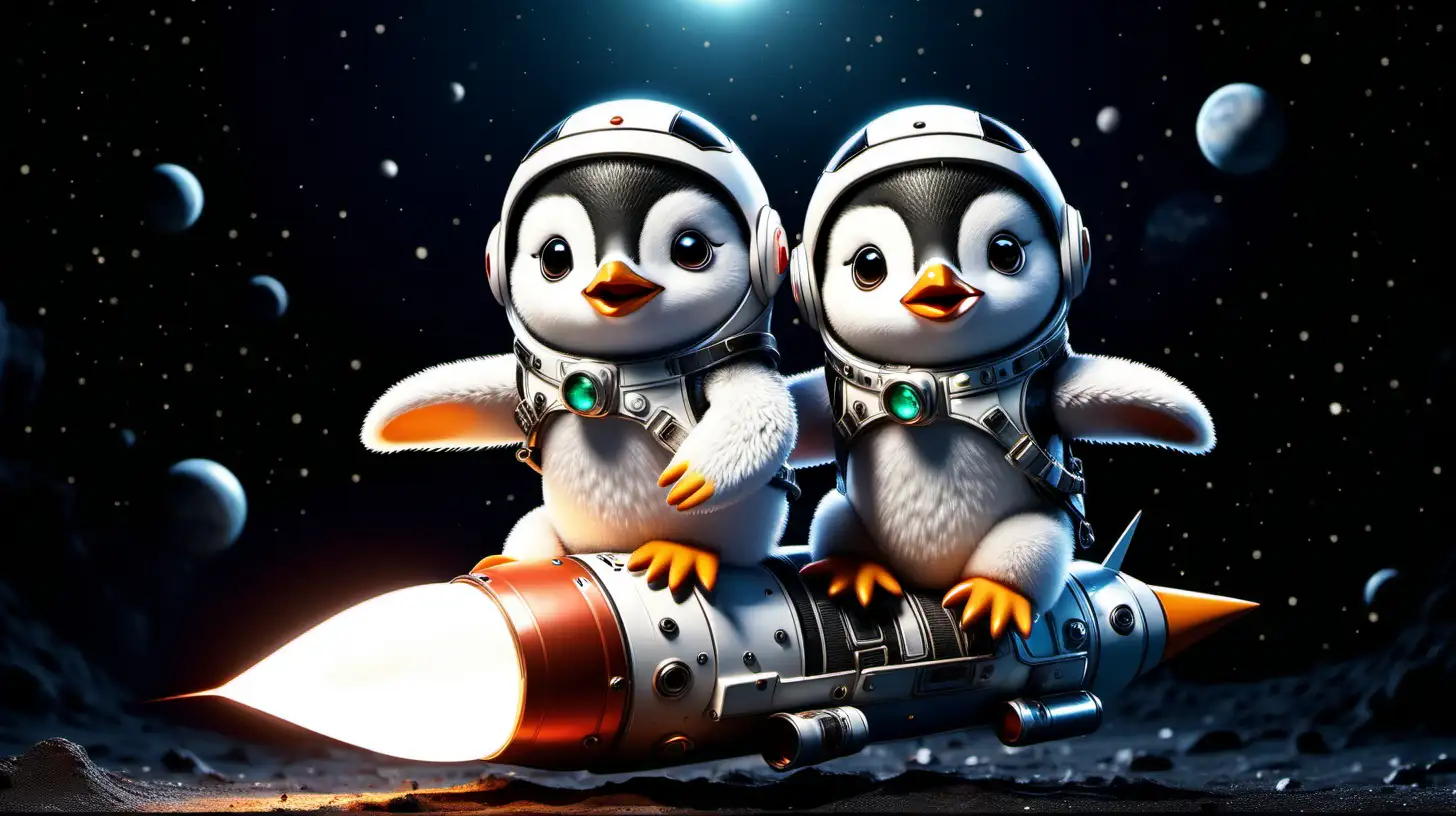 2 cute baby penguins in a space suit sitting cowboy style on a small rocket flying through very dark space in the background