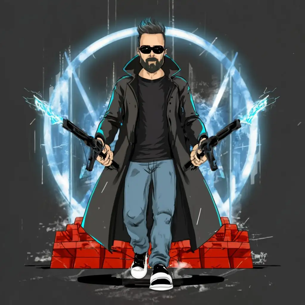 logo, animation style, young bearded man wearing black. a long raincoat, dark Ray-Ban shades, with colts in each hand, neon blue lights, a few red bricks on the ground, with the text "The heretic" at the top of the logo, typography, be used in the Internet industryvery short hair,futuristic  weapons, long black leather boots,