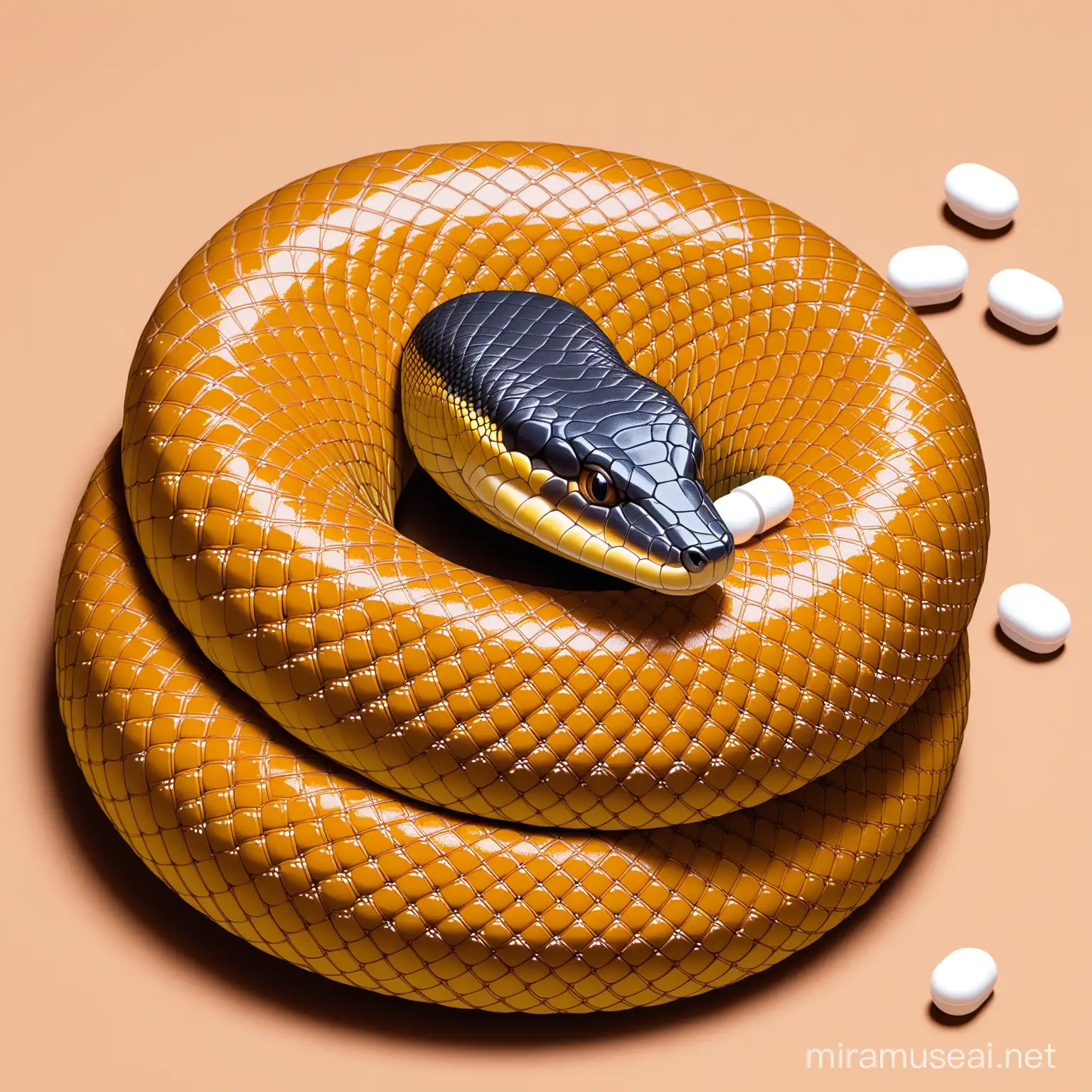 Indian Taipan Snake Coiled Around a Medicinal Pill