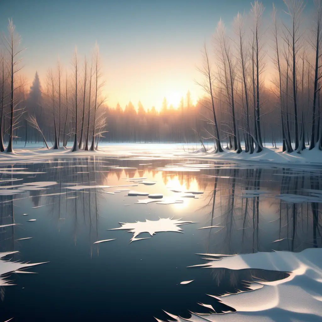 realistic, high detailed, frozen lake, forest around, reflection in the lake, shiny surface with cracks, snow scenery, warm sunset light, volumetric light, 1080f resolution