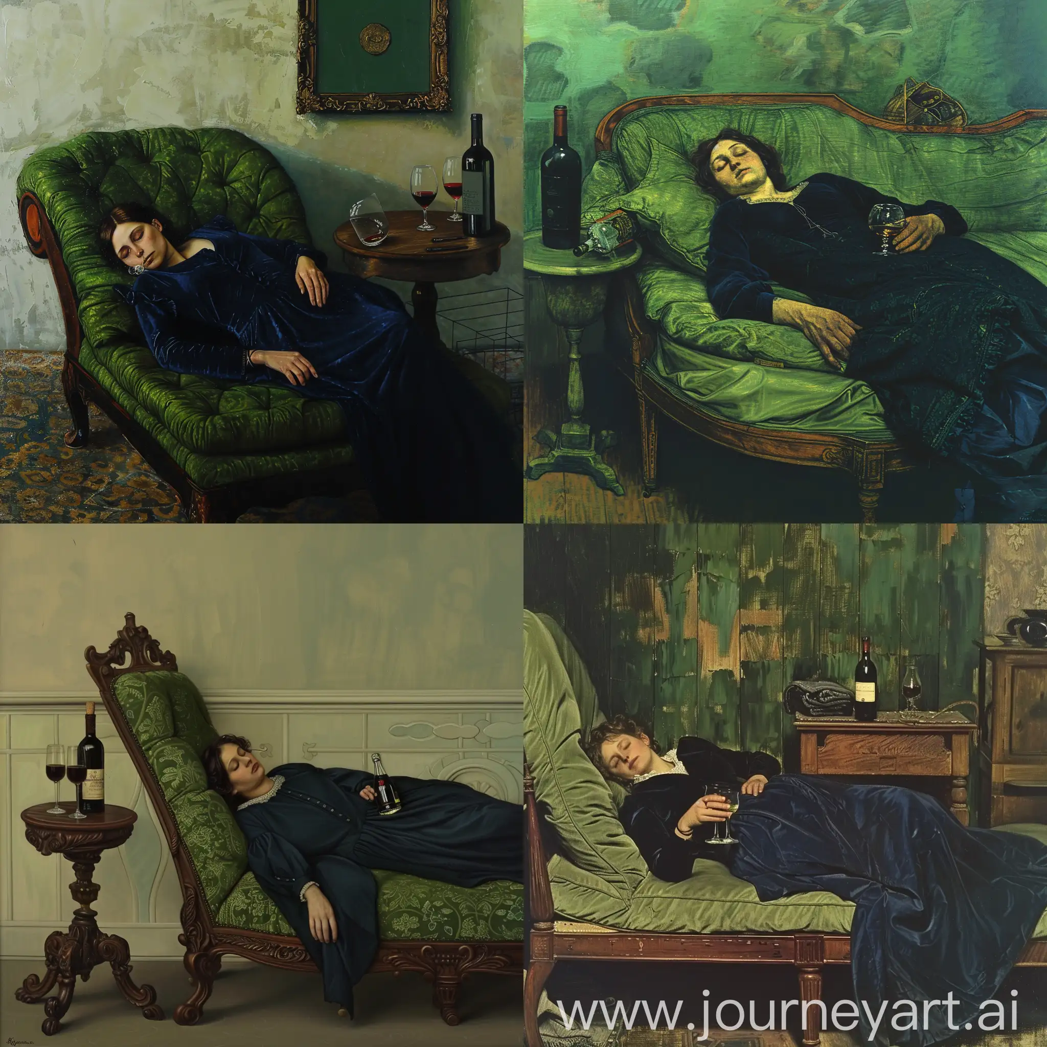 using a 19th century oil painting artistic style create a picture of a woman passed out drunk on a chaise longue, with an empty glass and bottle of wine on a table next to her. use green as the colour of the chaise longue the woman needs to be dressed in a dark blue