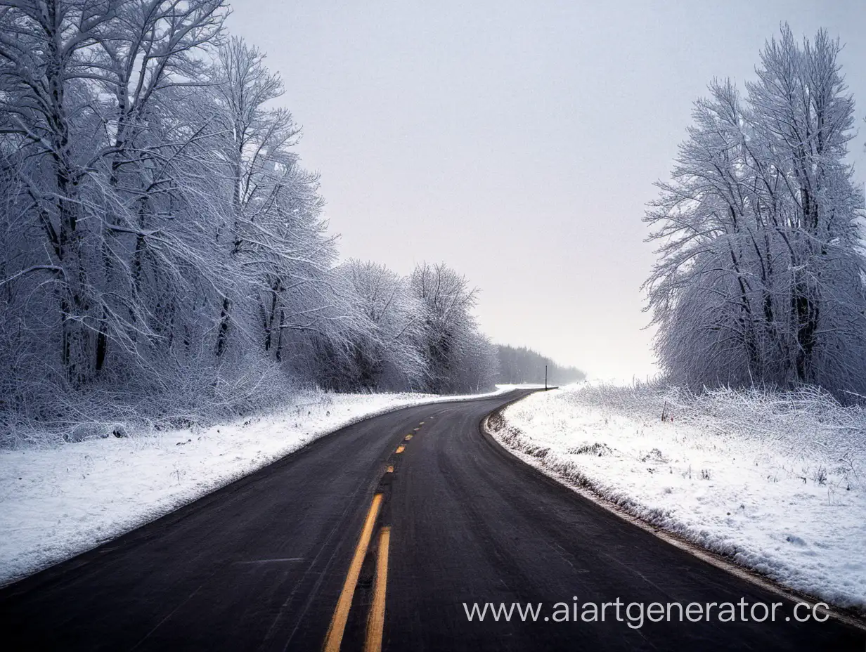 Scenic-Winter-Road-Amidst-SnowCovered-Forests-and-Mountains