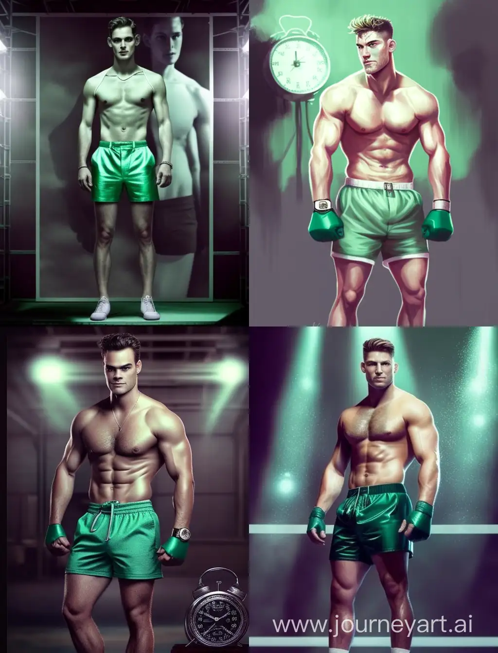 create a beautiful athletic European man on the background of the boxing ring in shorts and in (green velvet jacket) (with a watch on his hands), full height. shorts light green boxers 
