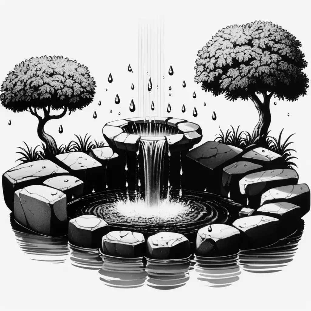 black and white, [a stone garden well, waterdrop hitting water], simple, white background, cartoon like
