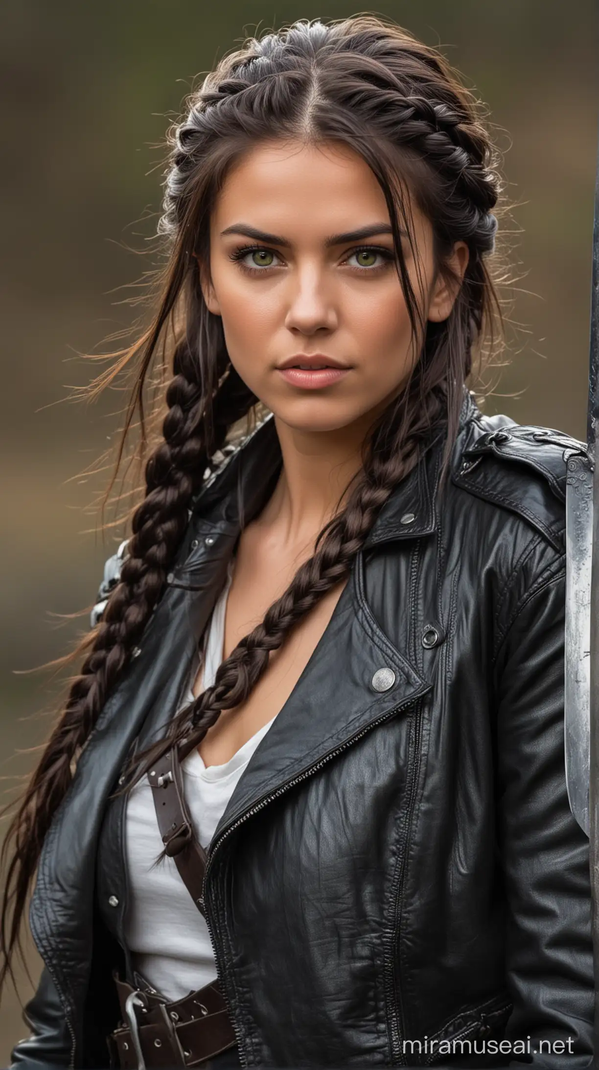 DarkHaired Warrior Woman with Braided Hair and Sword