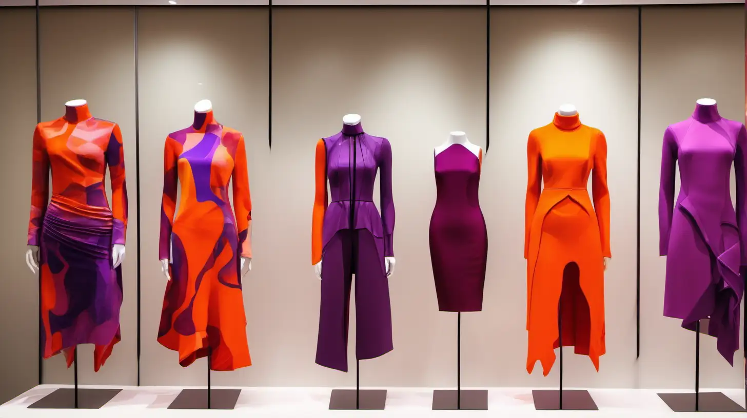 red and orange and purple abstract style outfits in a display