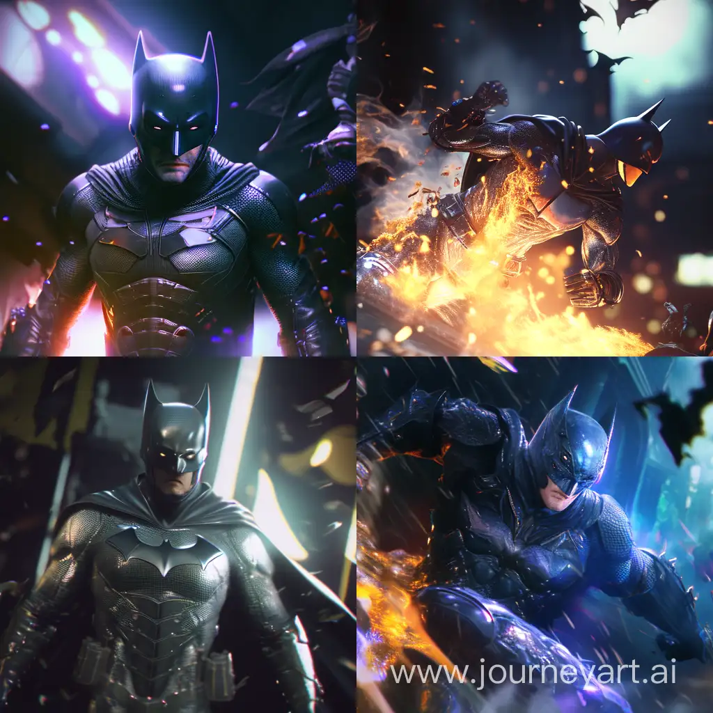Dynamic representation [Batman], wallpaper HD, in the style of vivid energy explosions, realistic and hyper-detailed renderings, precisionist art, photorealistic scenes, epic, glassy translucence, anime art, detailed and intricate environment, Unreal Engine, strong facial expression