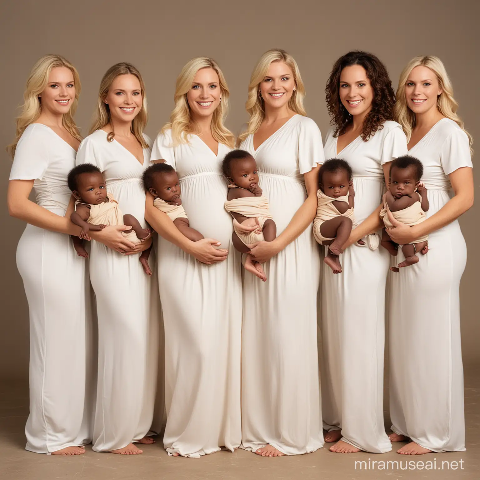 Ten pregnant white blonde women all carrying black African babies in their arms, family photo,