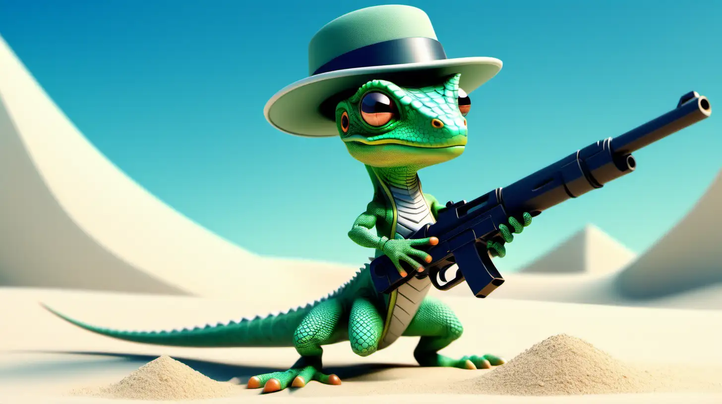 A green animated lizard wearing a hat and a pant in the sand with a clear blue sky holding a gun .stylish,futuristic,strong,beautiful,cute,funny