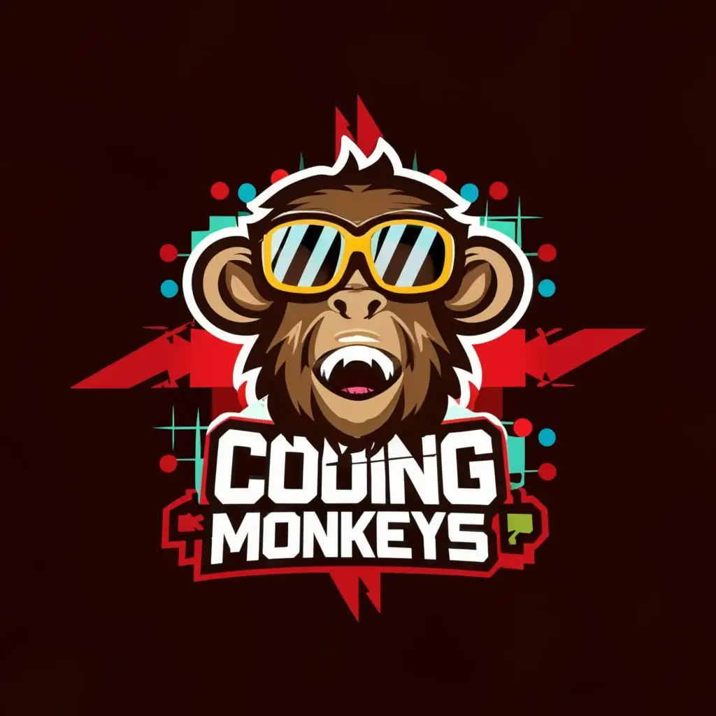 logo, monkey with sunglasses, with the text "{ Coding monkeys }", typography, be used in Technology industry