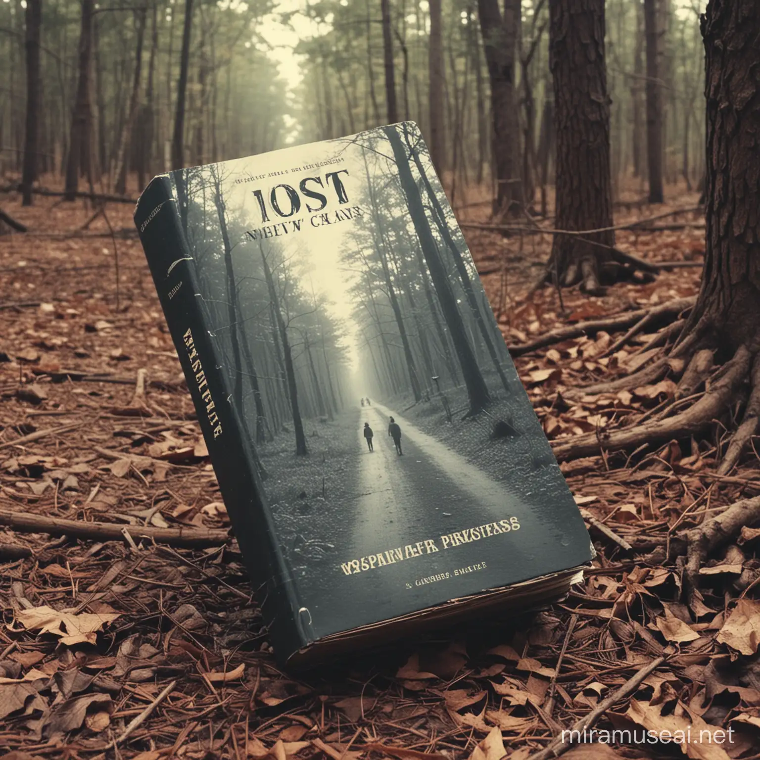 Lost VHS tape, book cover, vanished teenagers, old, forest, small town,