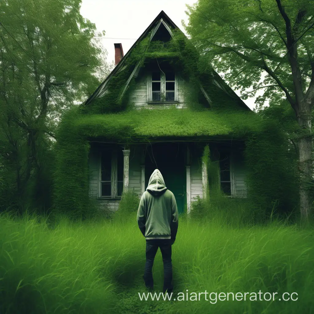 Serene-Hooded-Figure-Amidst-Nature-at-Abandoned-Abode