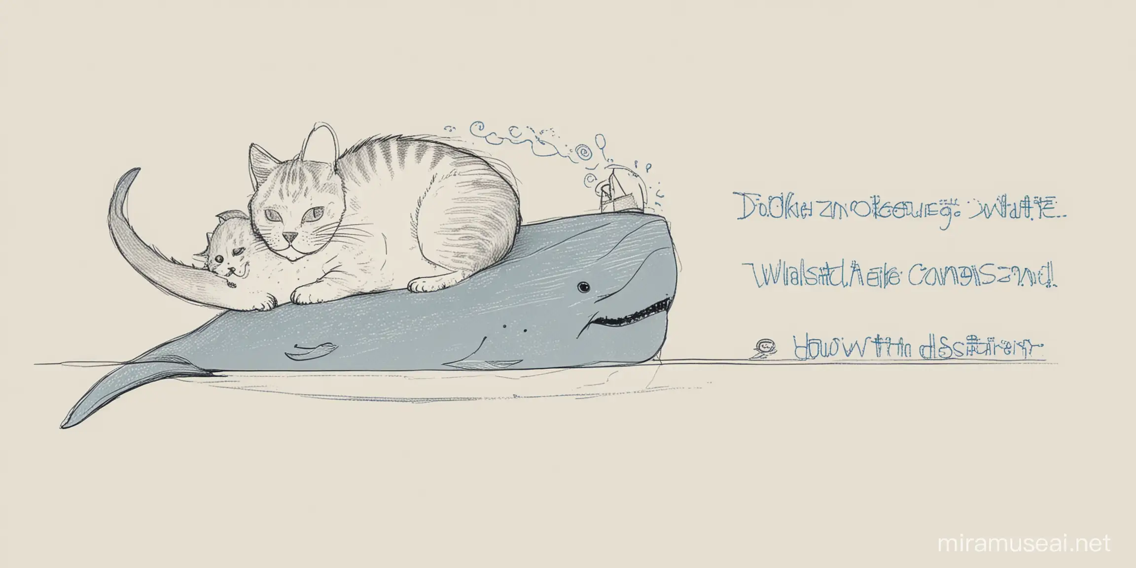 帮我生成一个简笔画，一个小猫咪在啃鲸鱼，也就是Docker，下面写着 Cloud Native Secuirty Knowledge Management ，字体是可爱的
