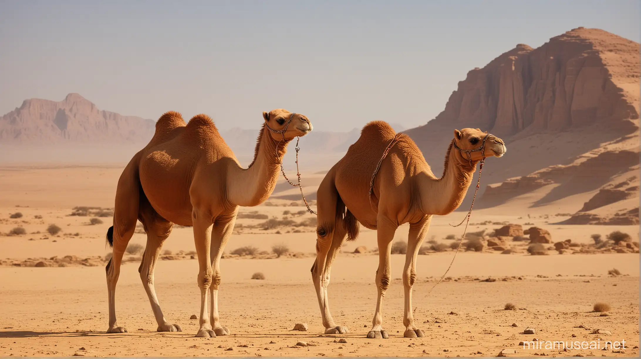 The miraculous she-camel: This image could feature the she-camel standing proudly in a desert landscape. It should be a beautiful and majestic creature, with an otherworldly aura to signify its miraculous nature. The Thamud people could be shown in the background, interacting with the she-camel, possibly sharing resources with it.