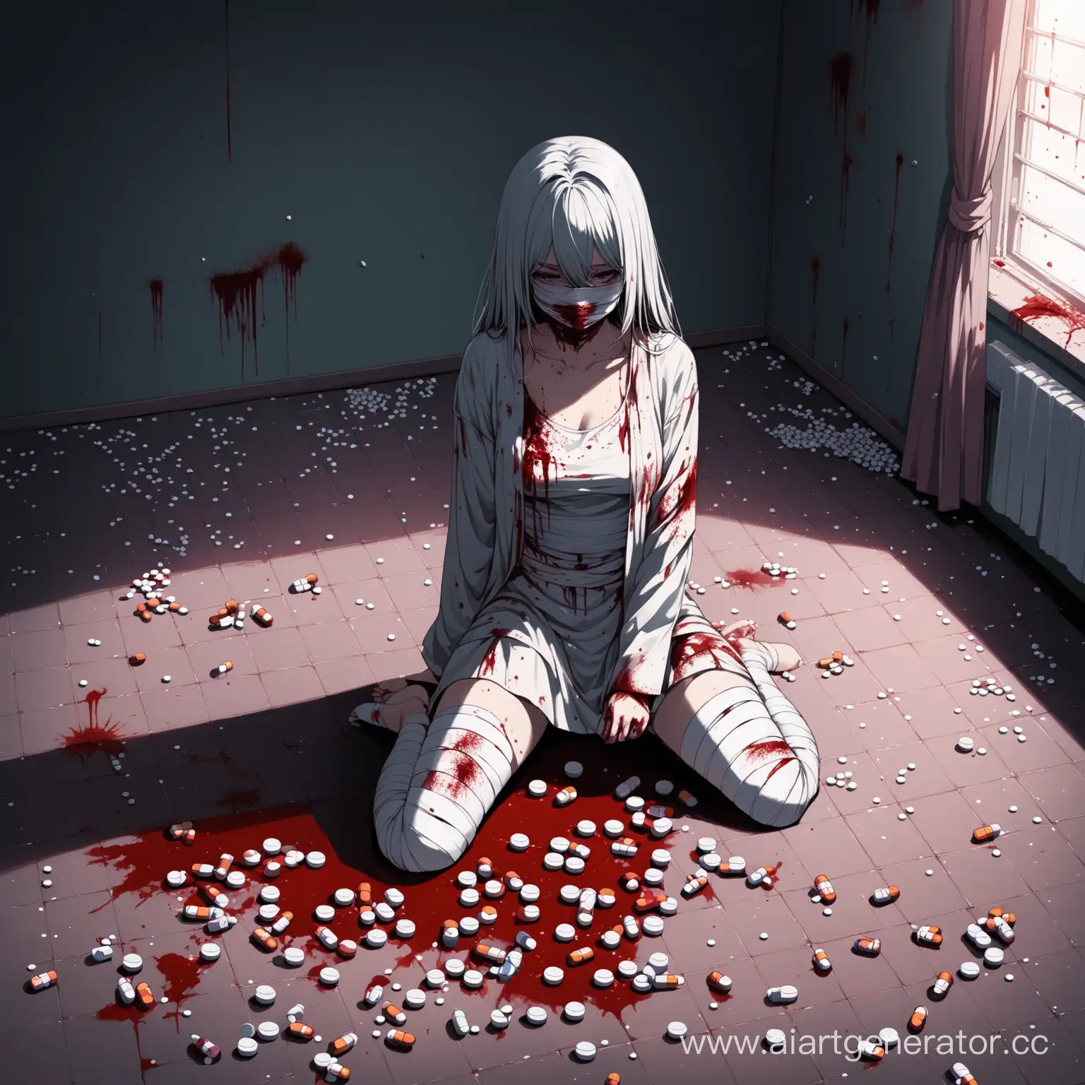 Injured-Girl-Surrounded-by-Scattered-Pills-in-Bloody-Room