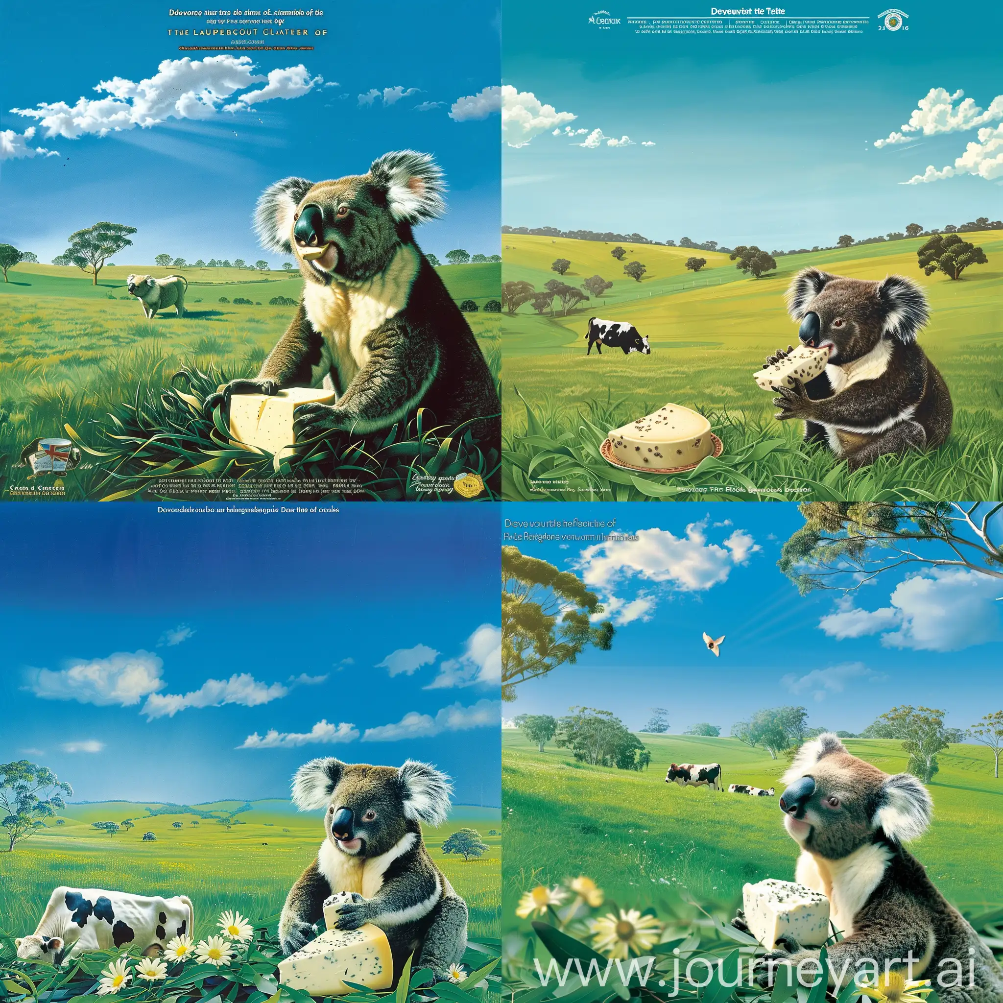 please Please create a borchoure front page.  please use English, Title:  Discover the Taste of Australia   Background:  The cover depicts a picturesque scene of the Australian countryside. A clear blue sky stretches overhead, framing a lush green grass field. In the foreground, a contented Holstein (black and white) cow grazes peacefully, symbolizing the source of our premium dairy products.  Foreground:  Amidst the grass, an iconic Australian koala is depicted enjoying a slice of heart cream cheese, showcasing the unique flavours and ingredients that define our dairy offerings.  Text Placement:  The title and subtitle are elegantly positioned across the top portion of the cover, with the company logo subtly integrated into the design.