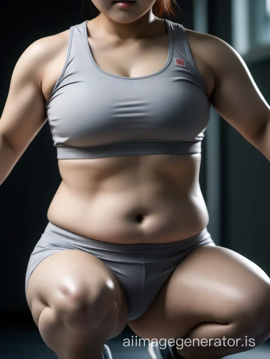 A beautiful Japanese woman who until a few years ago had firm abdominal muscles has become chubby, so I'm watching her do aerobic exercise to strengthen her core in order to lose weight.I'm watching her from above. hyperrealism, 8K UHD, realistic skin texture, imperfect skin, shot with Canon EOS 5D Mark IV, highly detailed.