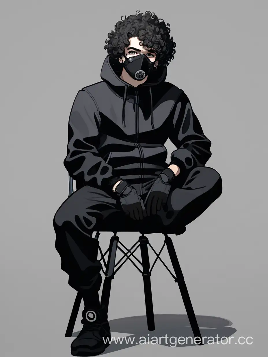 кудрявый парень, в черном респираторе, сидящий на стуле, в обычной черной одежде, 2D