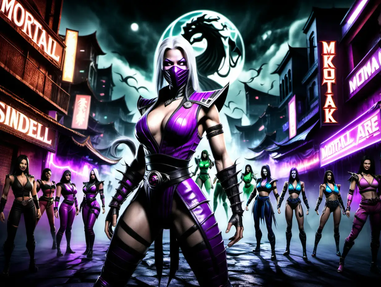 mortal kombat female characters, empty city with neon lights, post-war, fighter women are very happy sindel