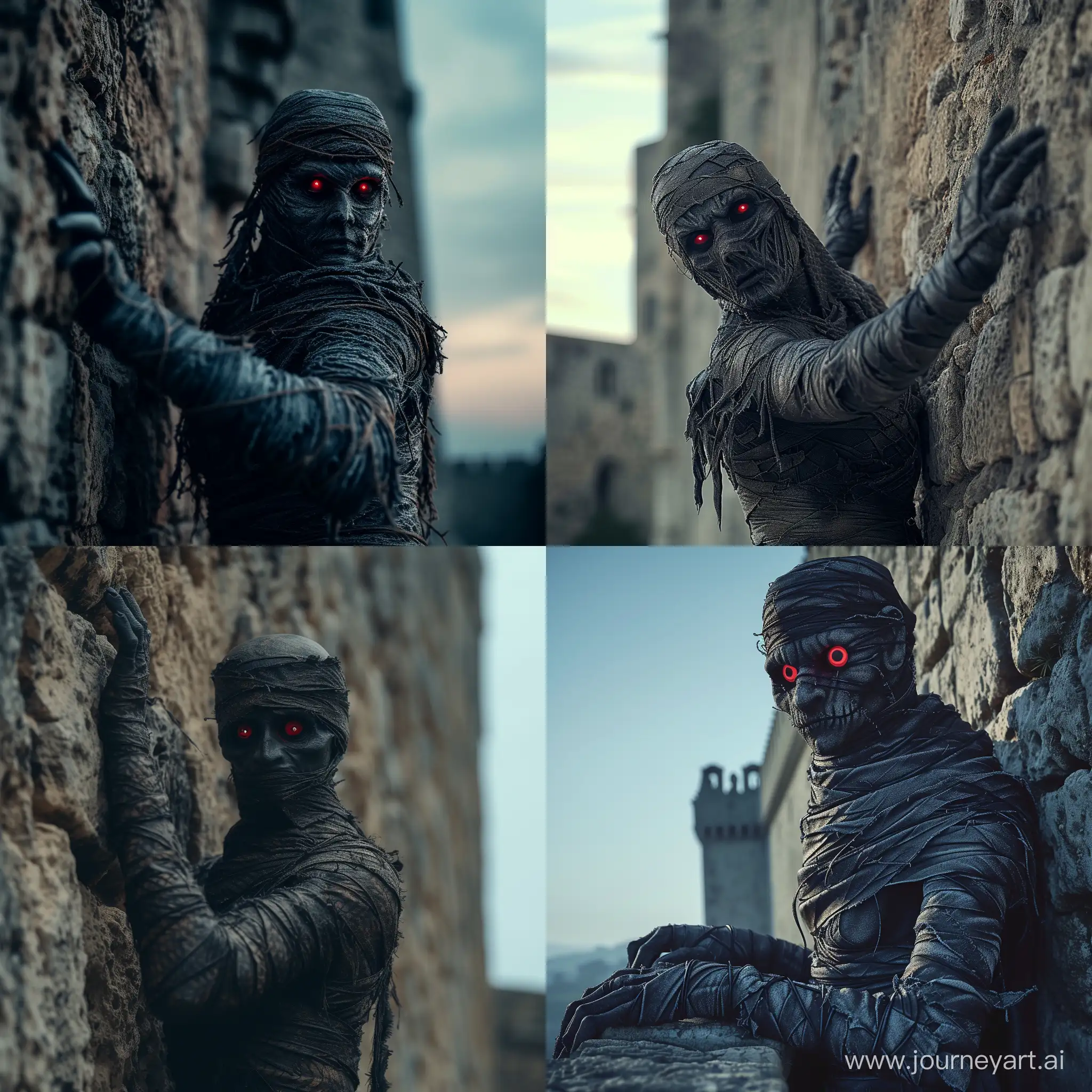 wraith of a cursed mummy, cursed wrappings, in ancient times, red eyes, howling creepy atmosphere, cinematic shots, realistic, 4k, photo realistic, cinematic lighting, full posing at a castle wall