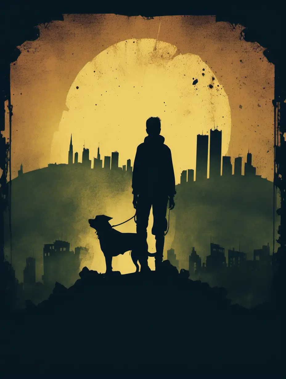 sillhouette of person with dog standing at top of hill, ruined city below, grunge style, dark colours, retro design, logo