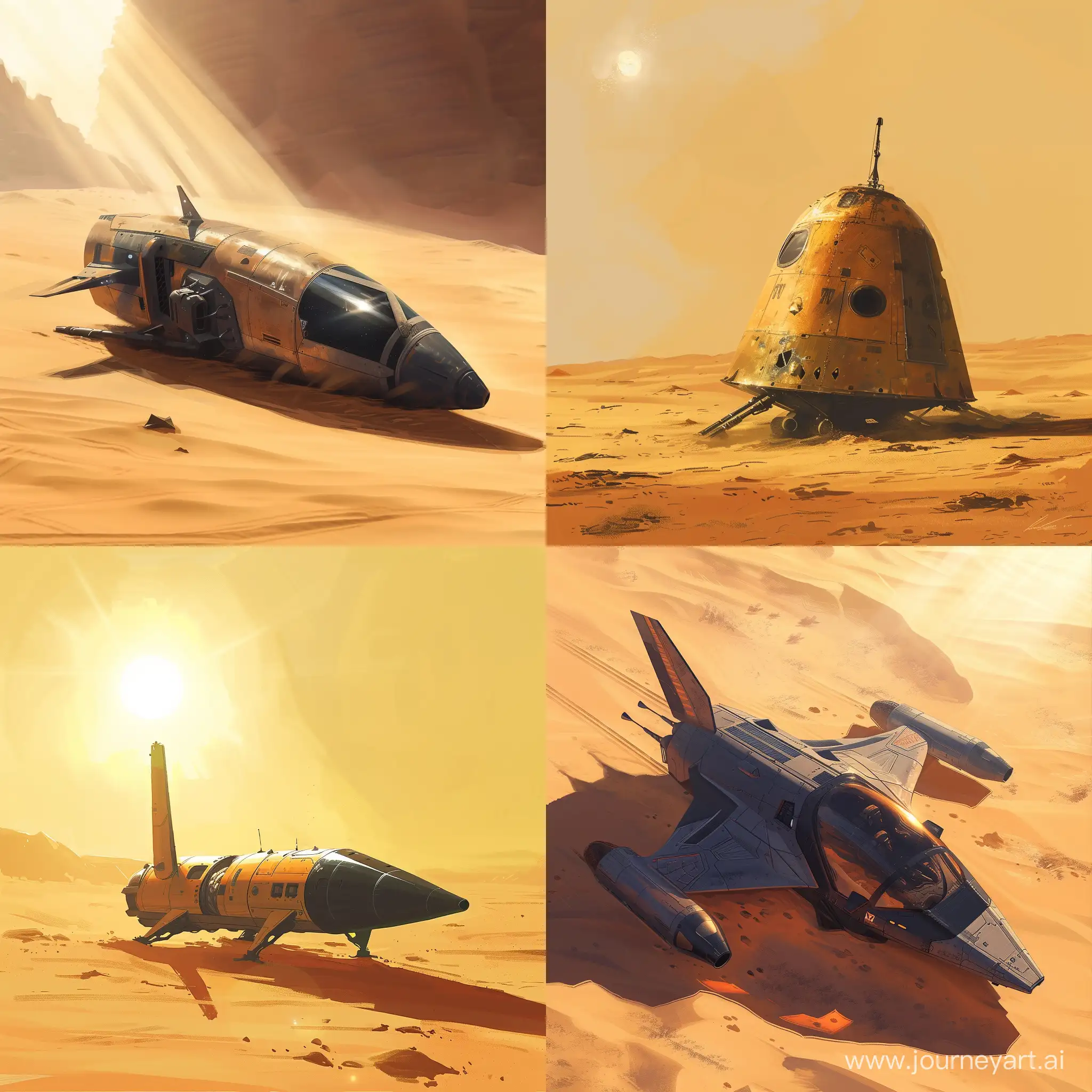  illustration, A small-sized combat spacecraft landed in the desert, sunlight, space fiction