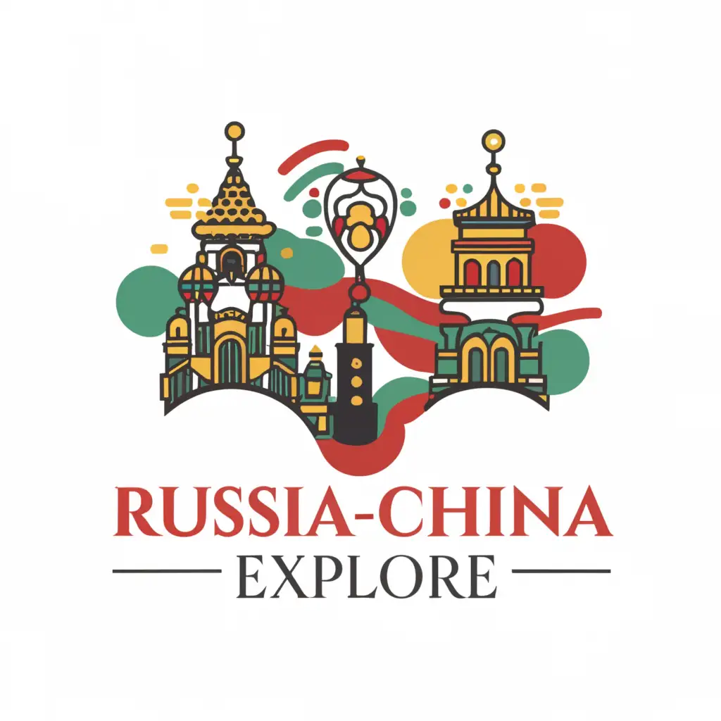 a logo design,with the text 'Russia-China Explore', main symbol: red color, green color, blue color, orange color, pink color, yellow color, tree, on the benches of the tree there are China tourist attractions, Chinese symbols, pandas,Moderate, be used in Education industry, clear background