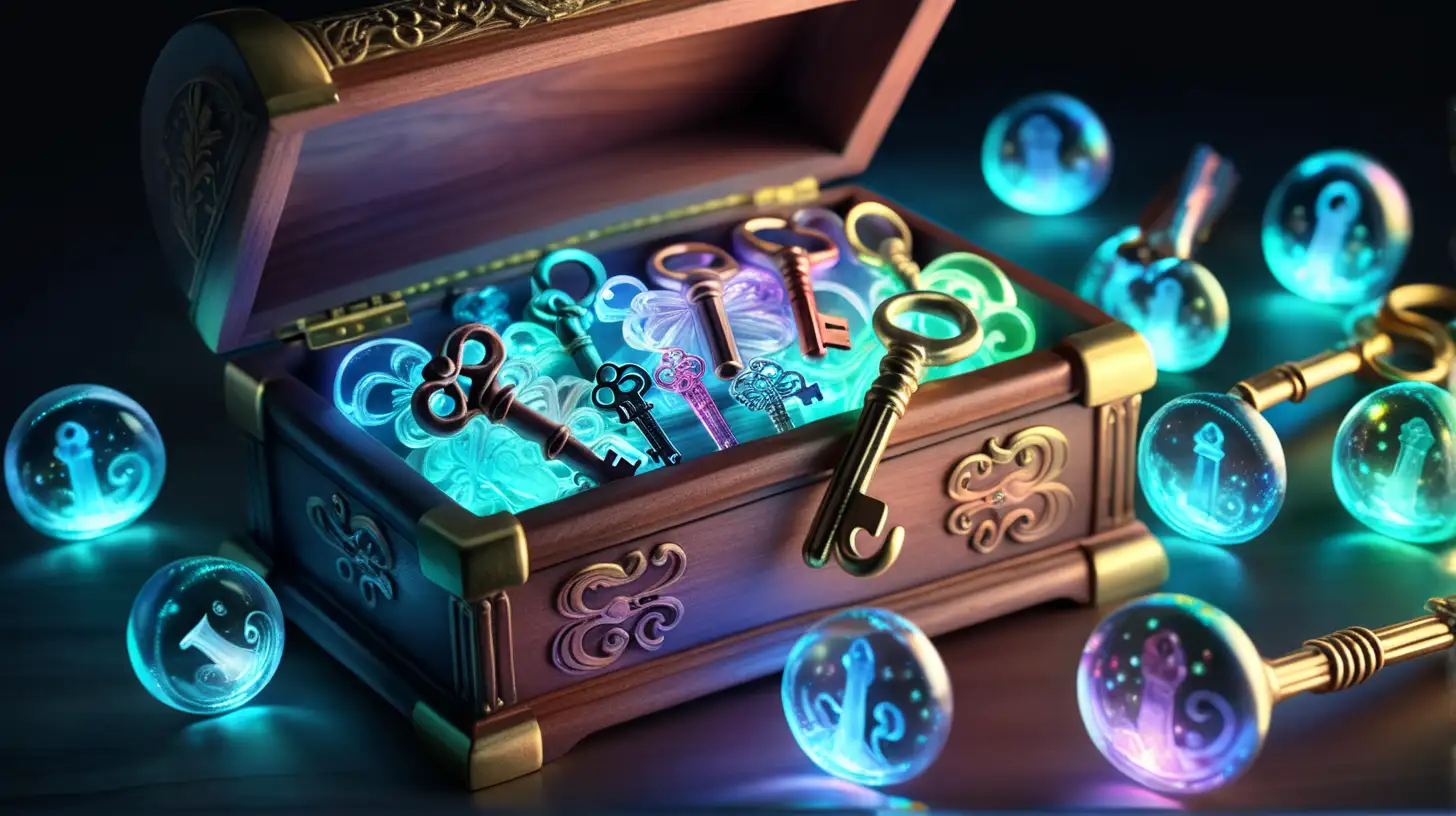 Enchanted Library Glowing Glass Keys in a Fairytale Treasure Box
