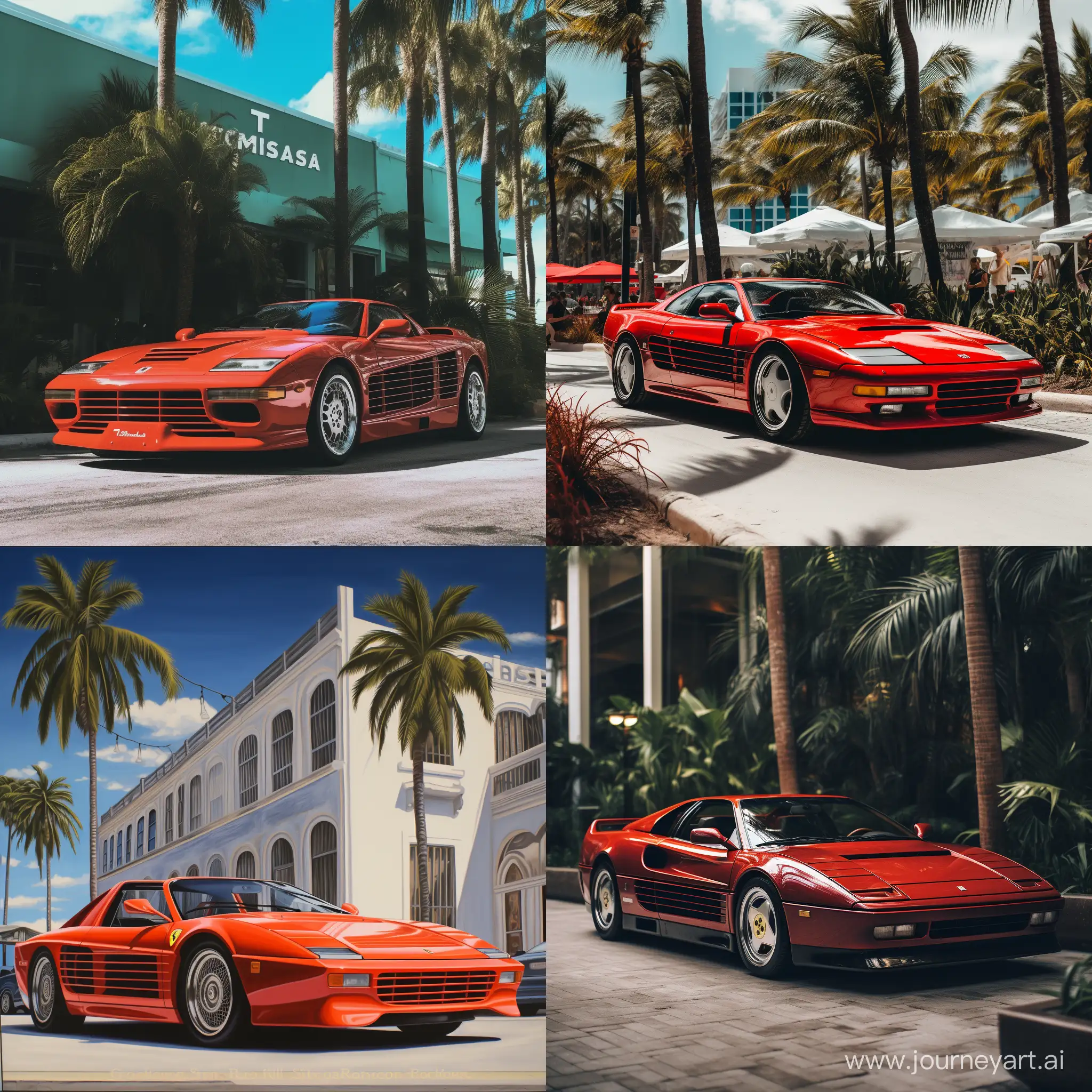 Vibrant-Red-Testarossa-Sports-Car-Driving-Through-Miami-Streets
